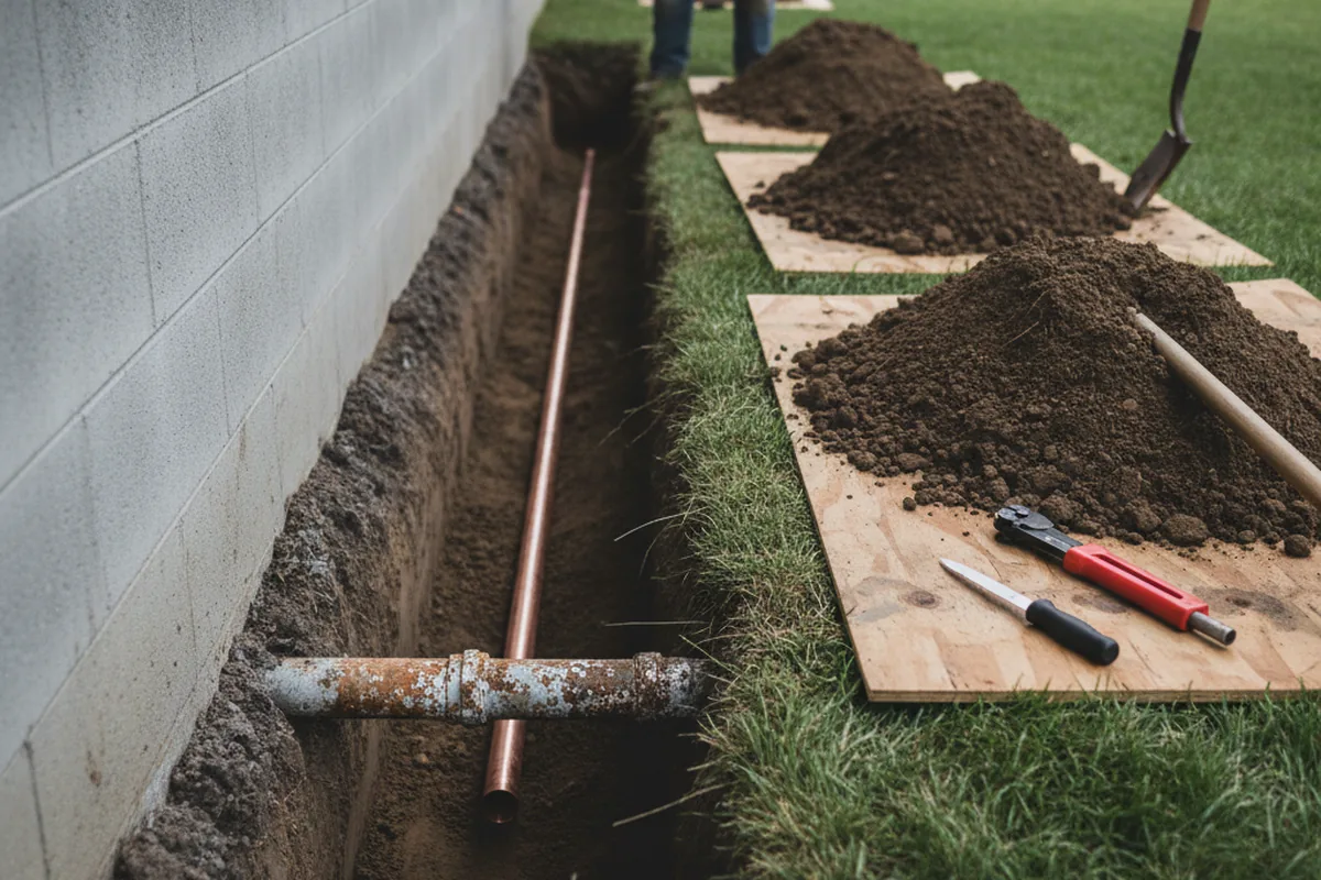 Excavated water line trench during Sewer Line Repair in Chester Heights
